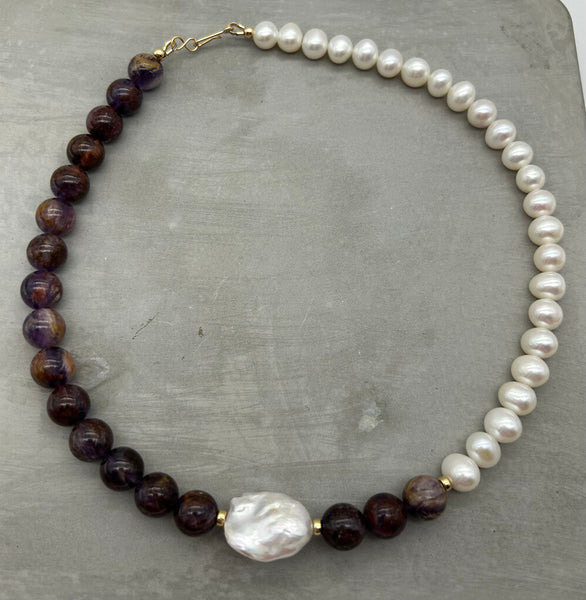 Asymmetric necklace, beaded necklace - Amethyst Phantom and Pearl