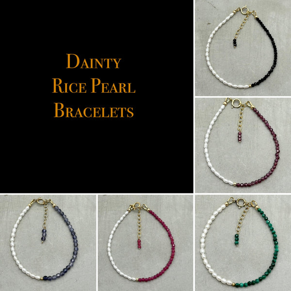 Online promo only : 14k Gold filled Freshwater Pearl Bracelets- Dainty Rice Pearl, Black Spinel, Lapis lazuli, Malachite, Labradorite, Tourmaline, Garnet, Turquoise, Tiger eye