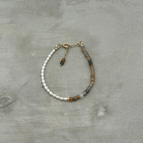 14K Gold Filled Dainty Bracelet - Handcrafted Limited edition Cube Sunstone and Freshwater Pearl