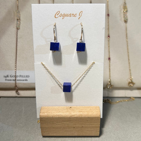 14K Gold filled Minimalist dainty necklace & earrings - Lapis Lazuli