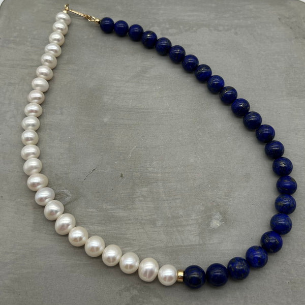 Asymmetric necklace, beaded necklace - Lapis Lazuli and Pearl